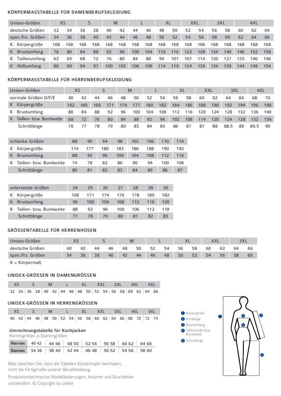 Größentabelle Damen und Herren Leiber